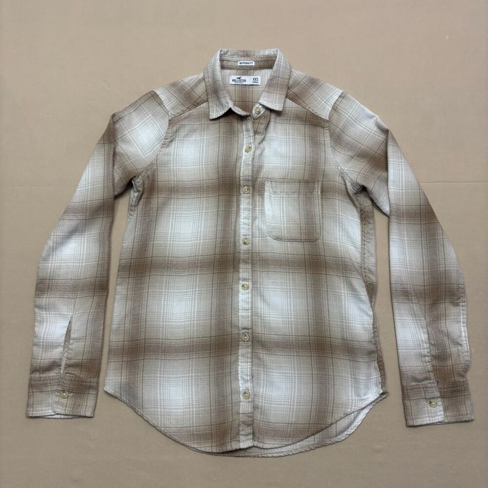 Hollister Women's Beige and Tan Plaid Long Sleeve Button Down Shirt Size XXS